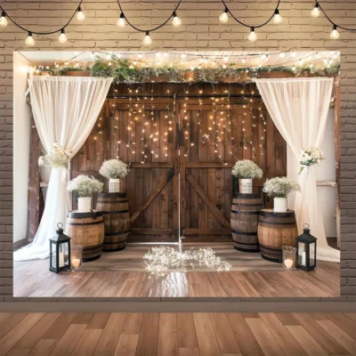 barn door whiskey barrel backdrop