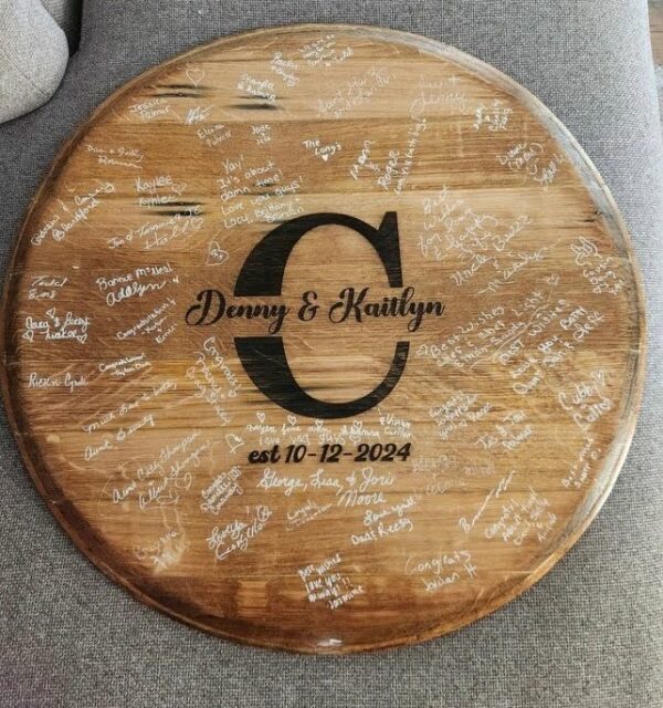 Whiskey barrel head guest book